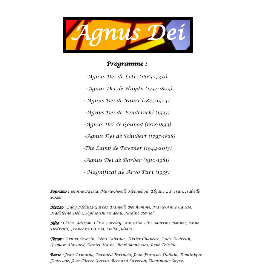 Programme des concerts Agnus Dei